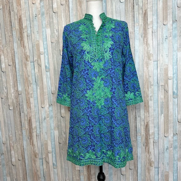 Gretchen Scott Designs Dresses & Skirts - Gretchen Scott XS Embroidered Tunic Dress Mini Shift Blue Green Paisley Printed